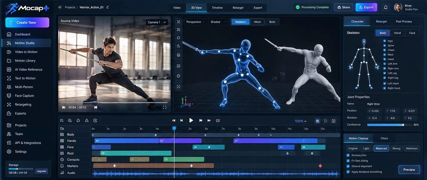 Mocap+ 的 Motion Studio:源视频旁是解算出的三维骨架,时间线上排列着身体、手部、面部、根节点与接触轨道。