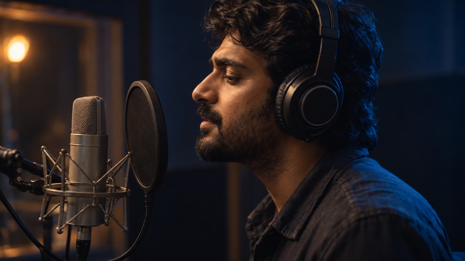 Un interprete vocale a un microfono in studio