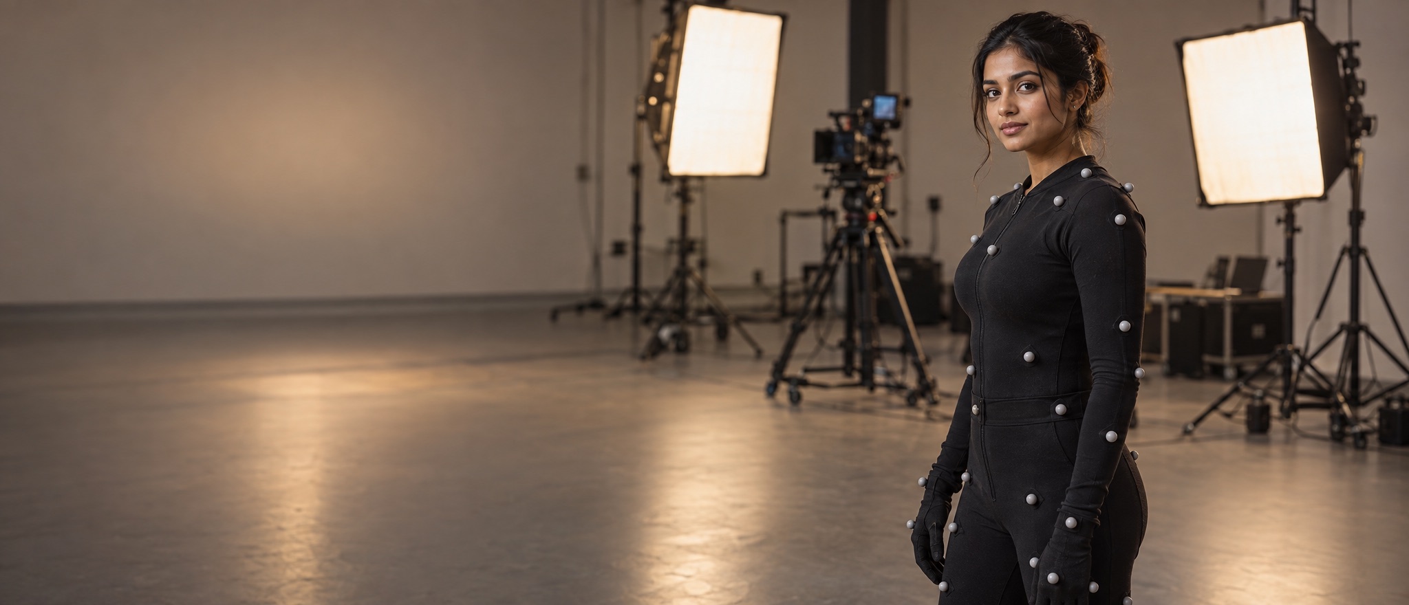 Un interprete con una tuta da motion capture su un palco di ripresa
